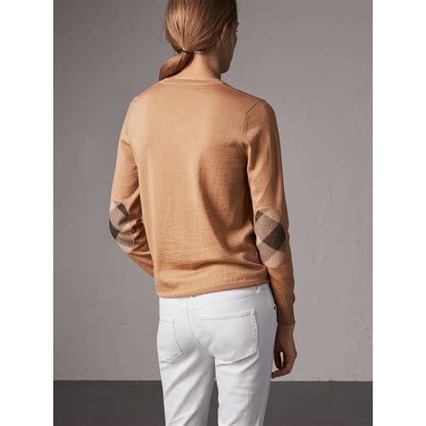 burberry check detail merino wool crew neck sweater|Check Wool Blend Sweater in Sand .